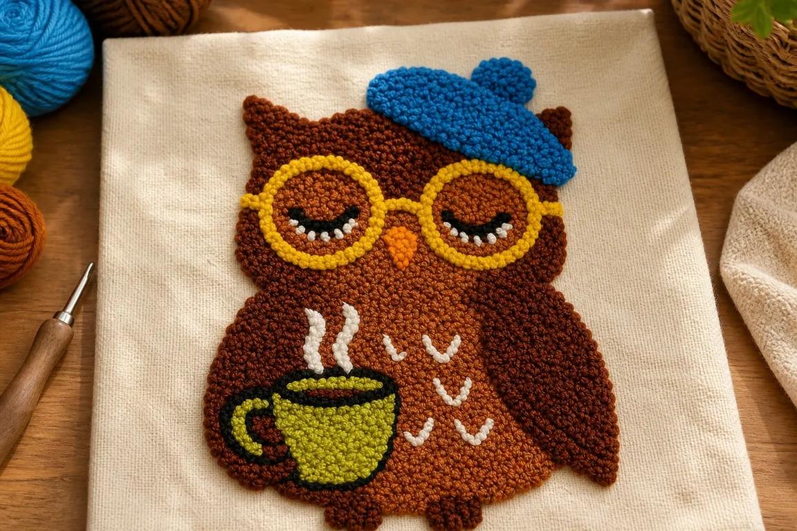 Bonus 1: finished punch needle cozy owl with blue beret, yellow glasses, and green mug