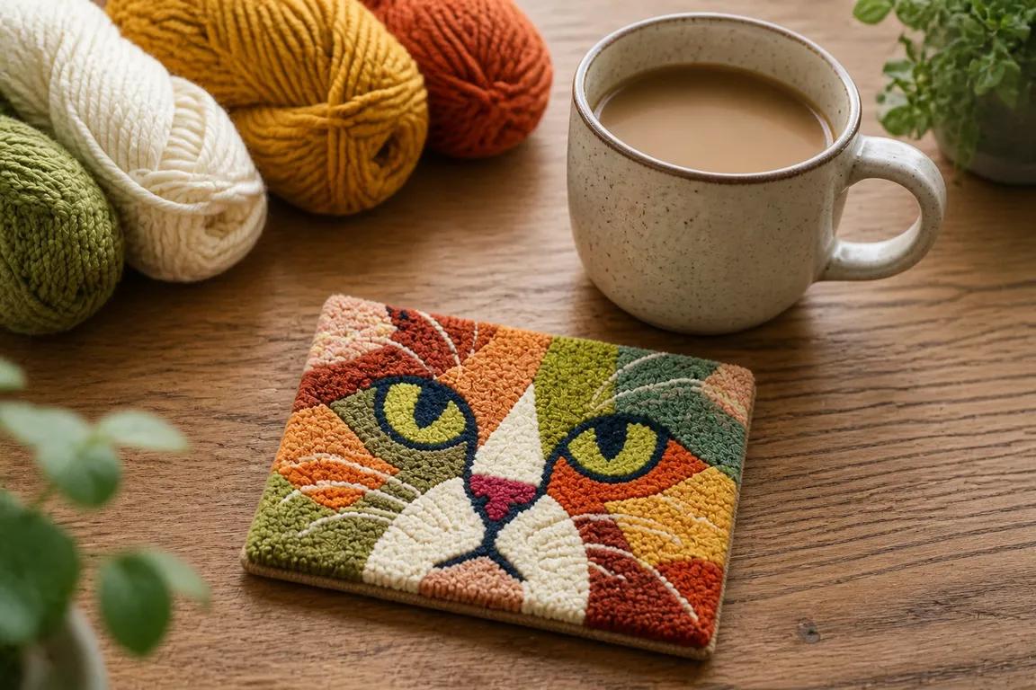 Bonus 2: mini geometric cat-face coaster next to a coffee mug on a wooden table