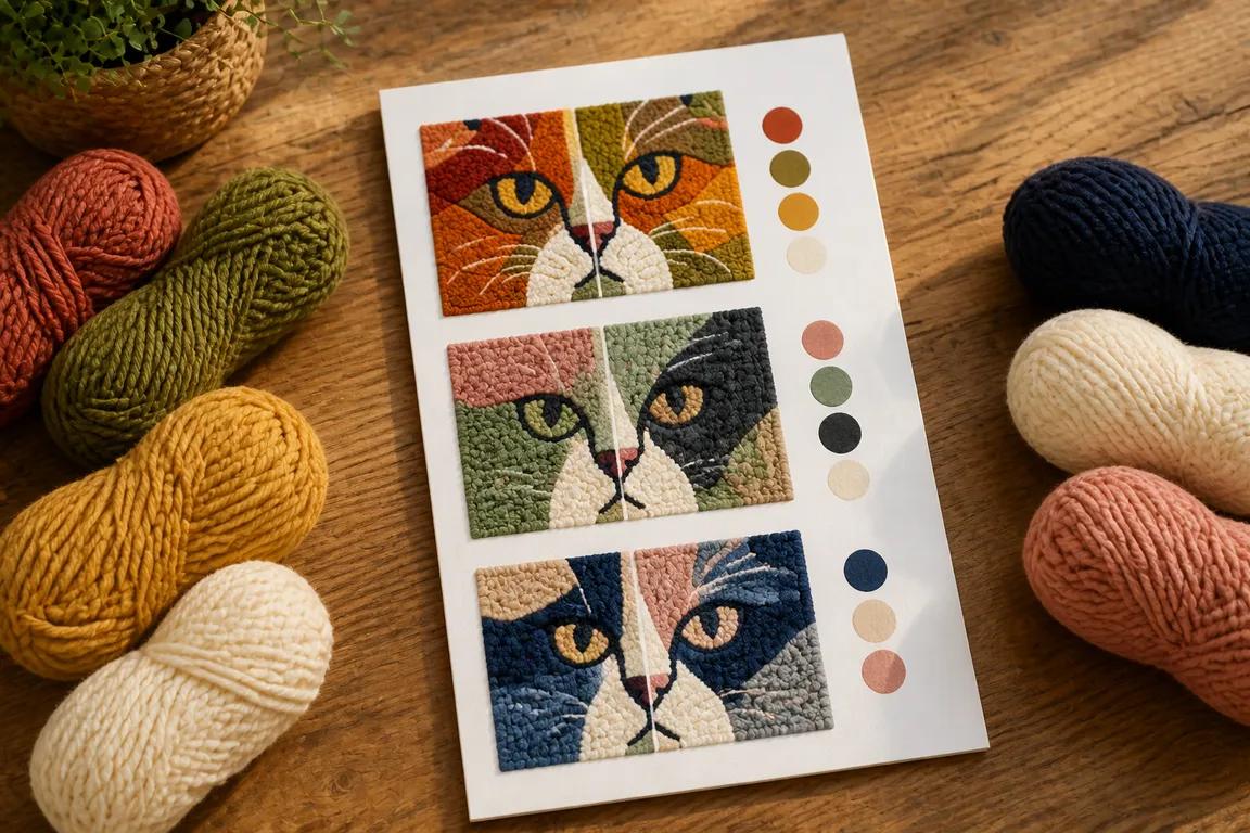 Bonus 3: three cat-face color palette swatches with yarn skeins