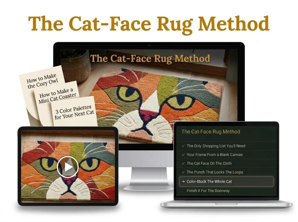 The Cat-Face Rug Method course mockup on desktop, tablet, and laptop