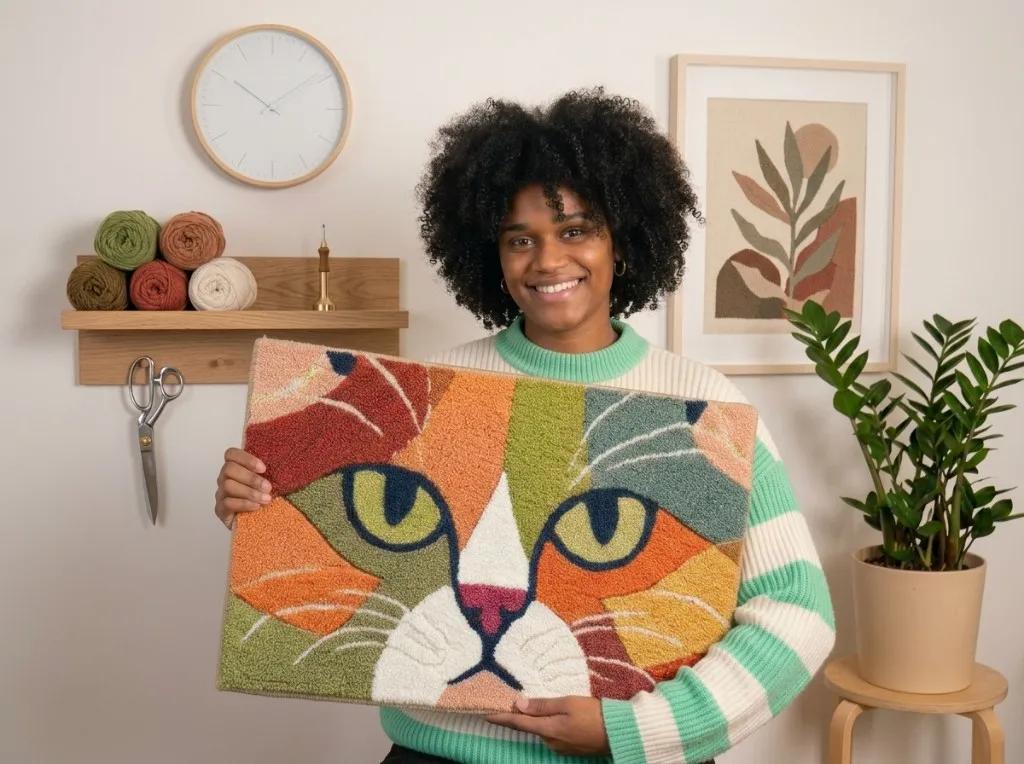 Sarah, creator of The Cat-Face Rug Method, with a finished punch needle cat rug