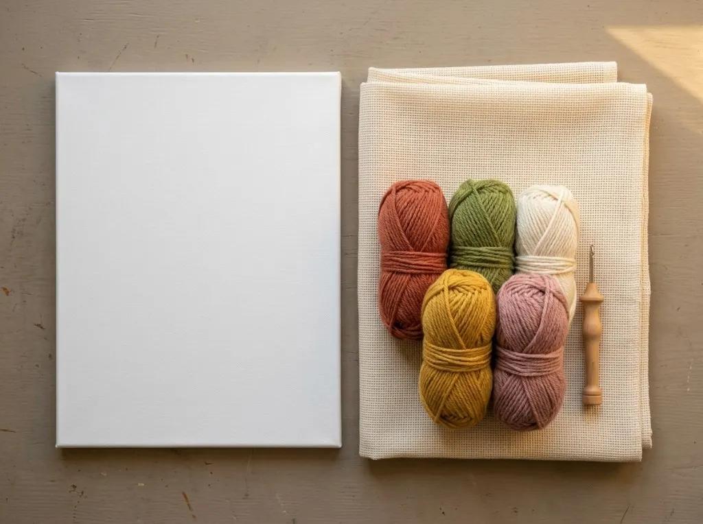Module 1: blank canvas, monk's cloth, yarn skeins, and punch needle on a wooden table