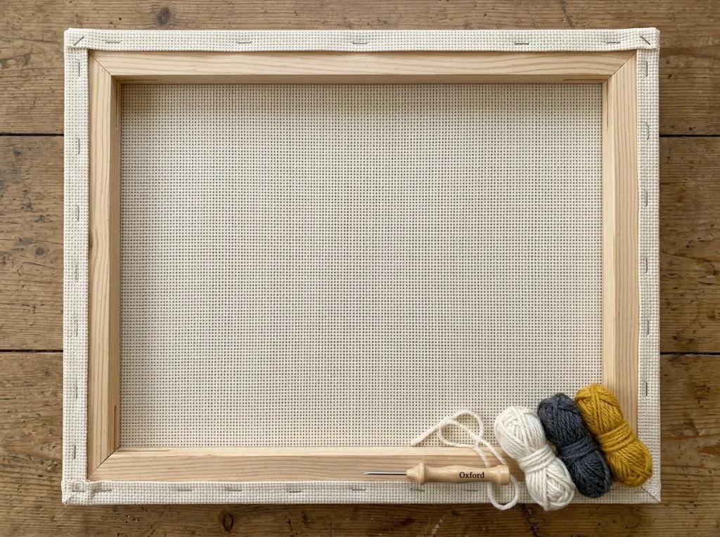 Module 2: wooden stretcher frame with cream monk's cloth stretched drum-tight