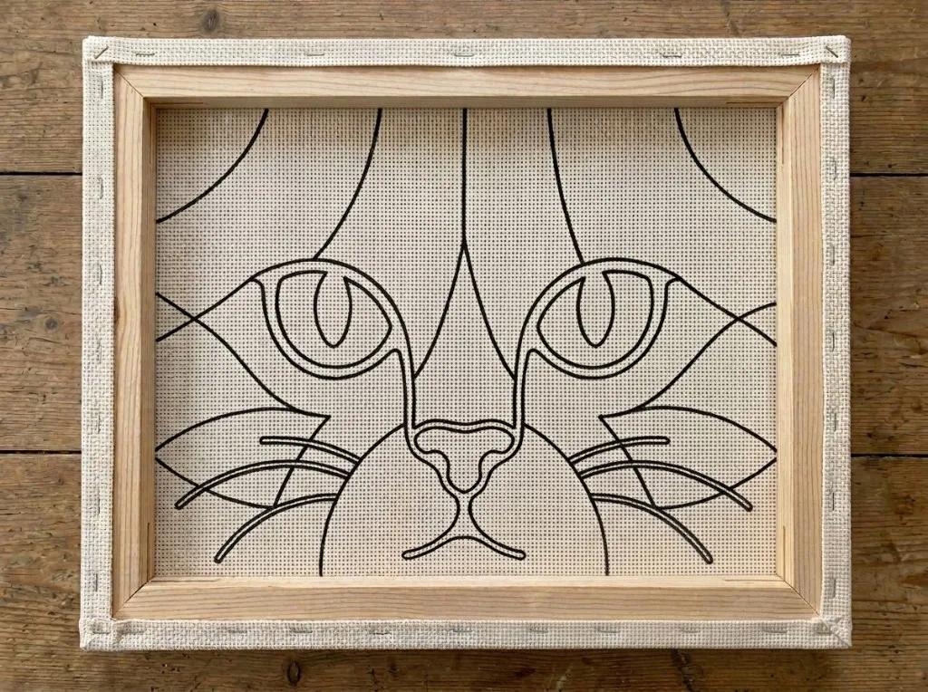 Module 3: geometric cat-face outline traced in black on cream monk's cloth