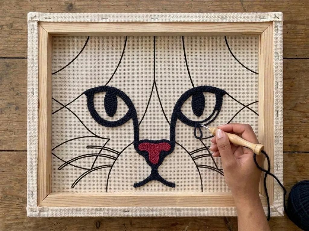 Module 4: black eye borders, pupils, nose, and mouth punched on the cat outline