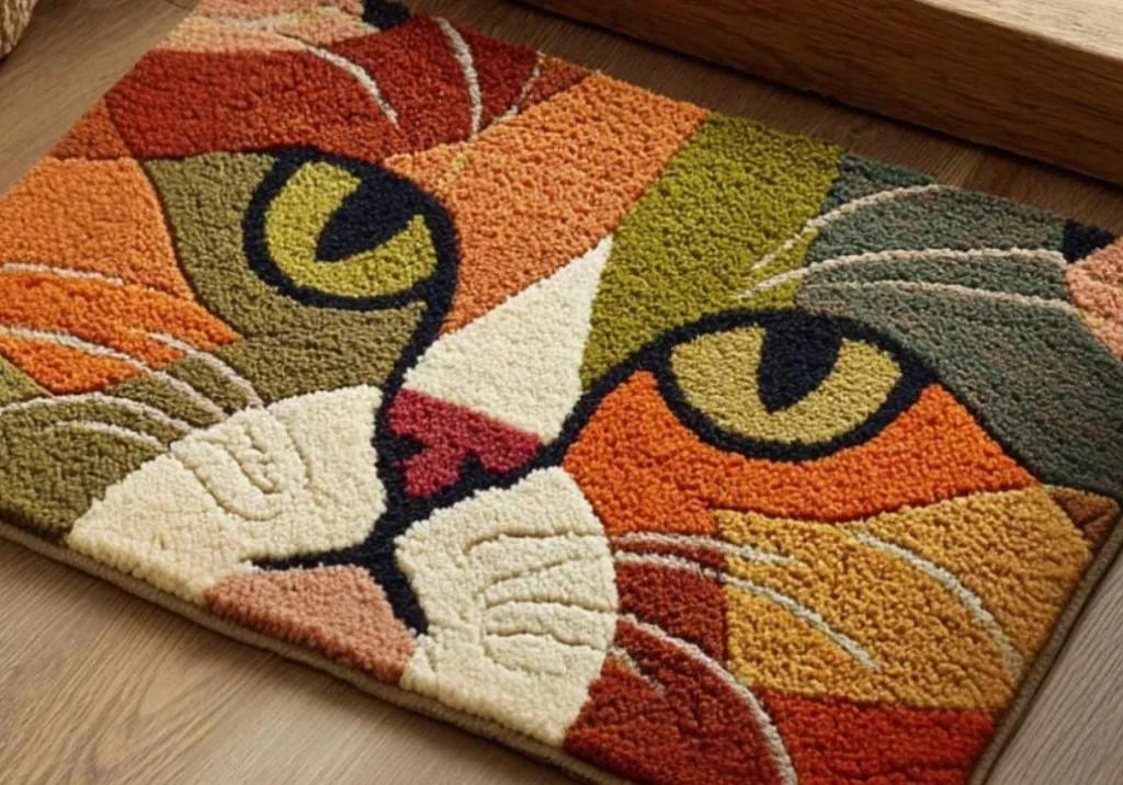 Module 6: finished geometric cat-face rug lying on a light wooden floor by the door
