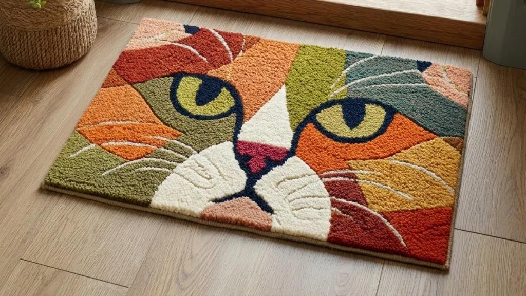 Finished geometric cat-face punch needle rug on a light wooden floor by the doorway — terracotta, moss, and mustard color blocks